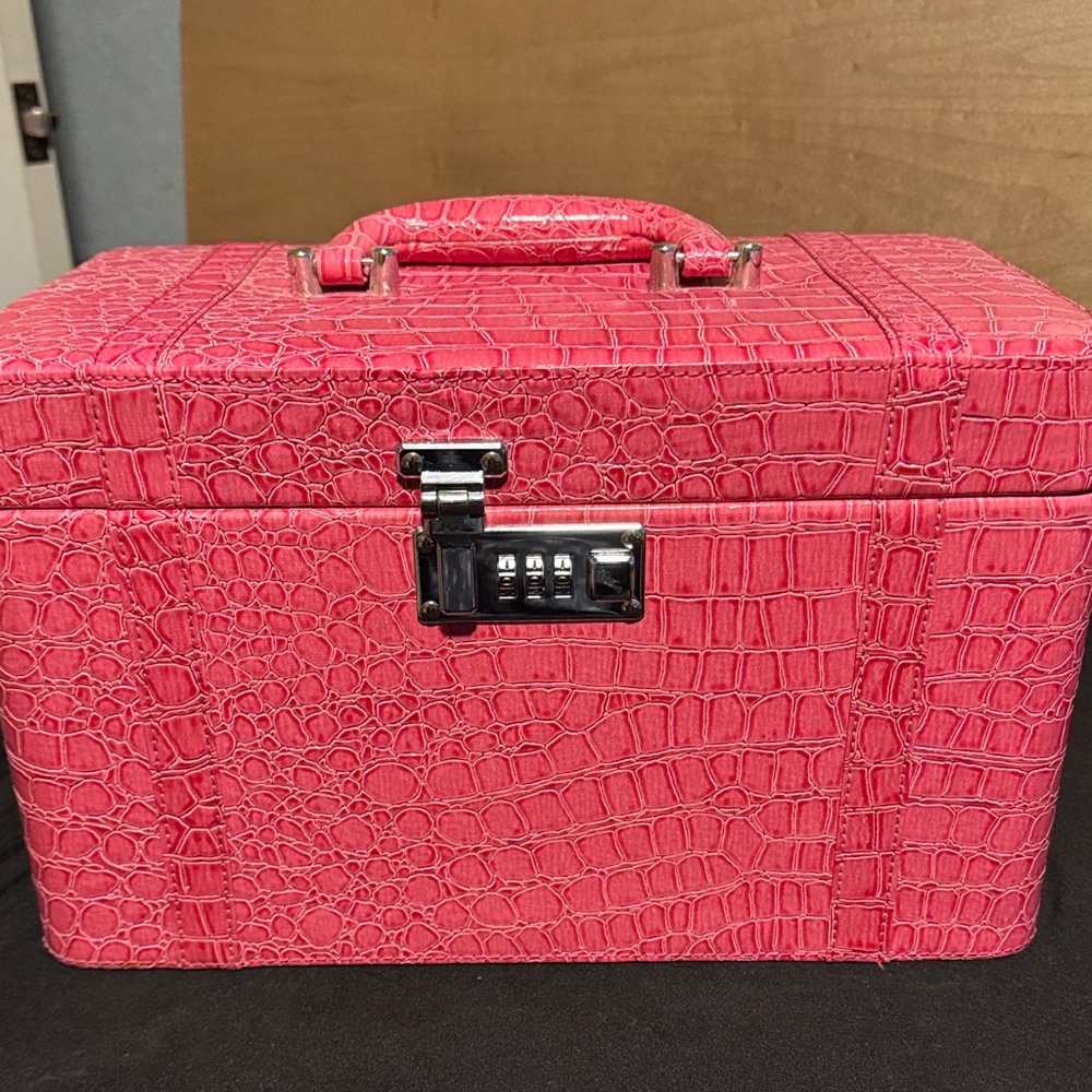 Pink Croc-Embossed Train Case Jewelry Box